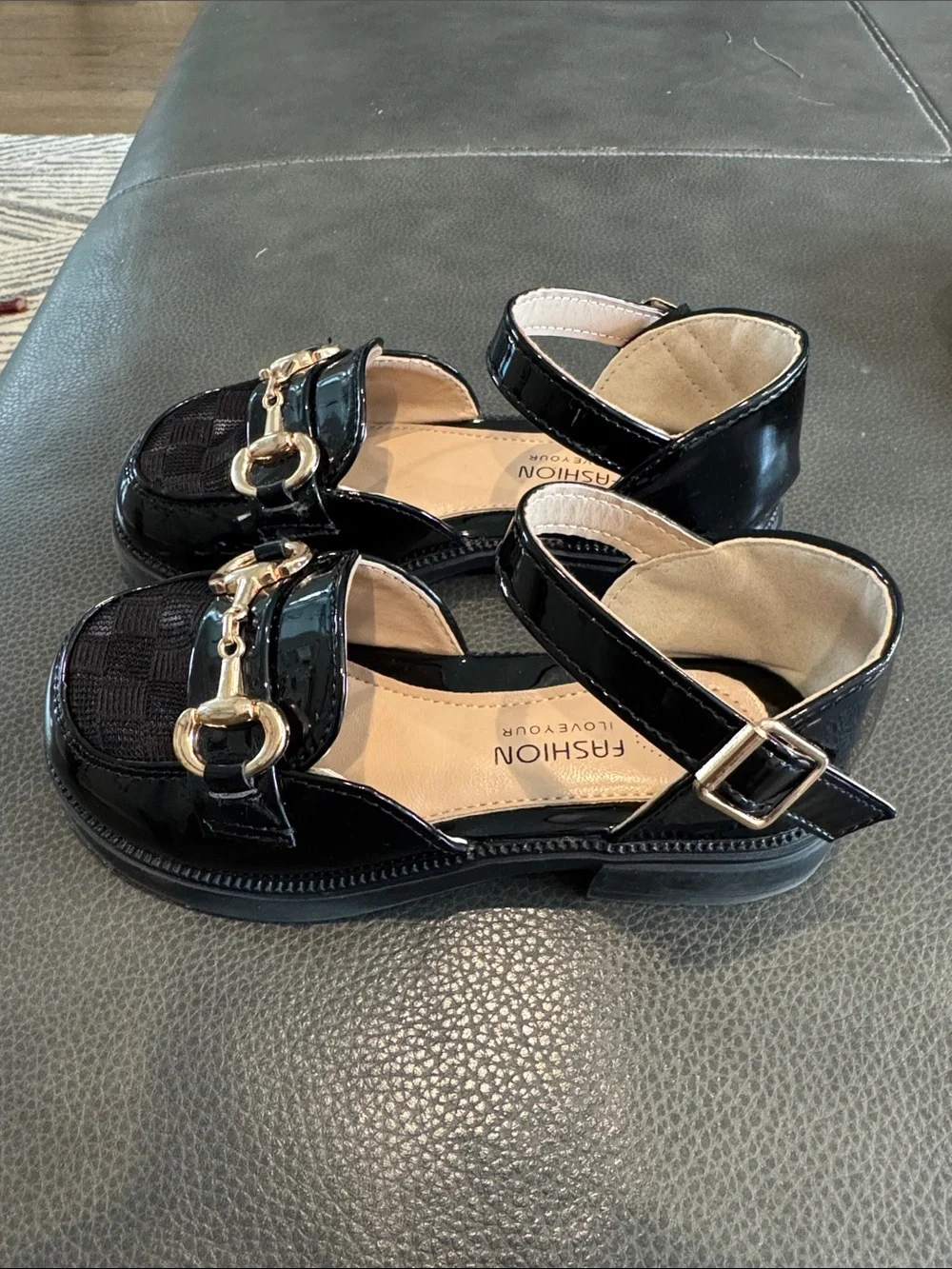 Mia Belle Fashion Kids Black Patent Mary Jane Loafers with Gold Hardware